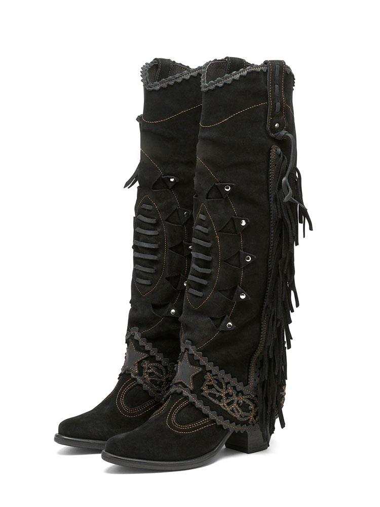 Faux Suede Cut-Out Fringe Lace Star Stitch Pointy Western Wide Mid Calf Boots - Blue, Green, Khaki & Black