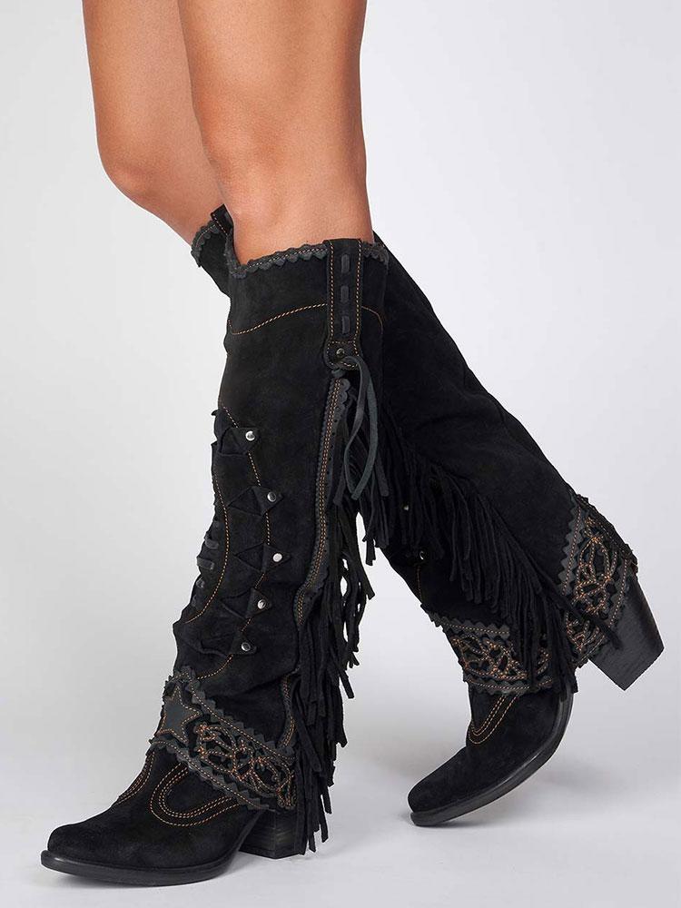 Faux Suede Cut-Out Fringe Lace Star Stitch Pointy Western Wide Mid Calf Boots - Blue, Green, Khaki & Black