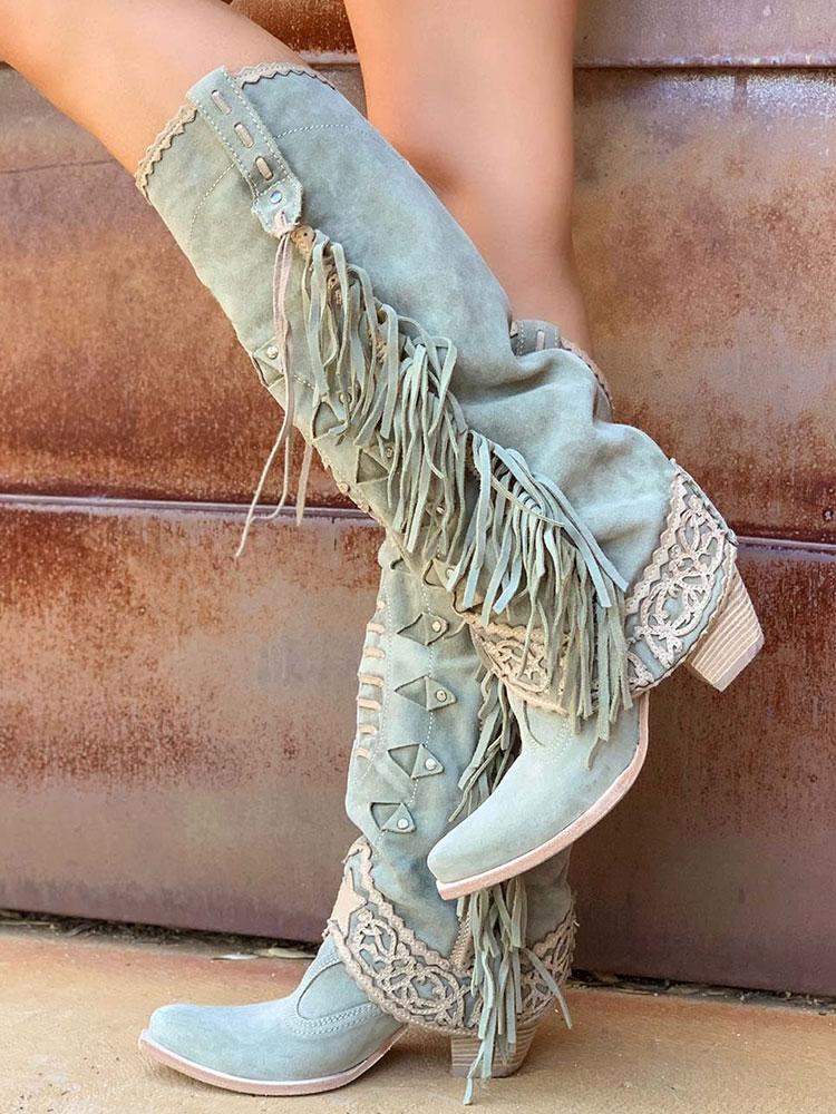 Faux Suede Cut-Out Fringe Lace Star Stitch Pointy Western Wide Mid Calf Boots - Blue, Green, Khaki & Black