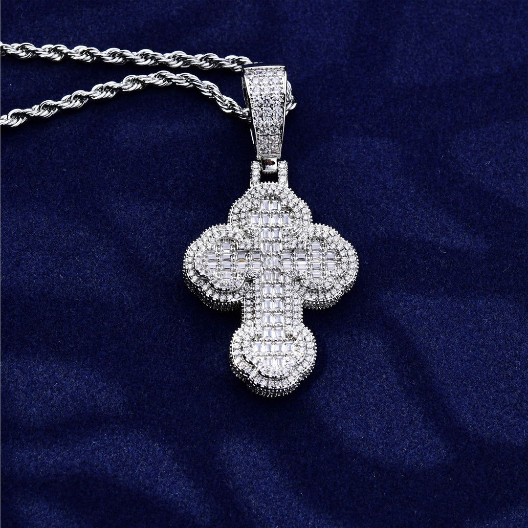 DOUBLE LAYER BAGUETTE CLUSTERED CROSS PENDANT