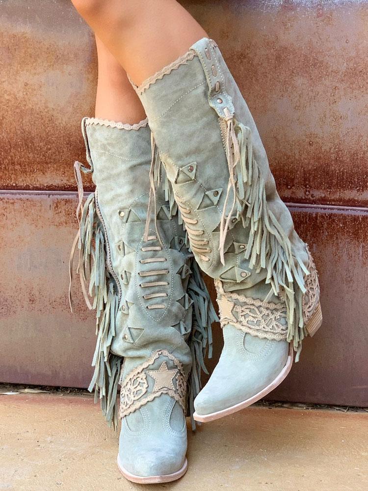 Faux Suede Cut-Out Fringe Lace Star Stitch Pointy Western Wide Mid Calf Boots - Blue, Green, Khaki & Black