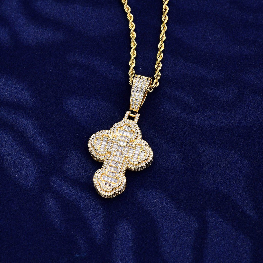 DOUBLE LAYER BAGUETTE CLUSTERED CROSS PENDANT