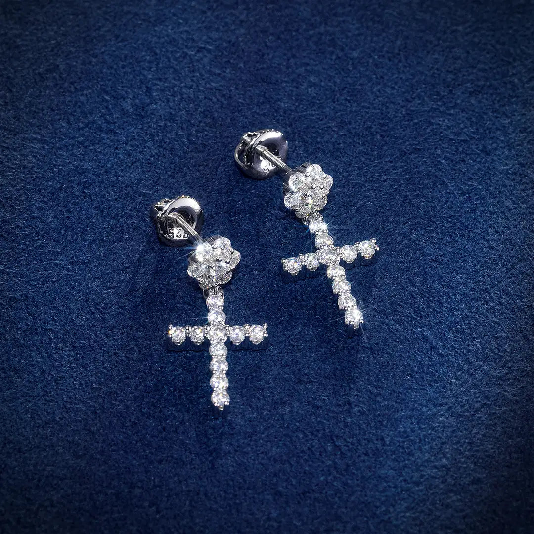 S925 SILVER MOISSANITE FLOWER CLUSTER STUD CROSS EARRING