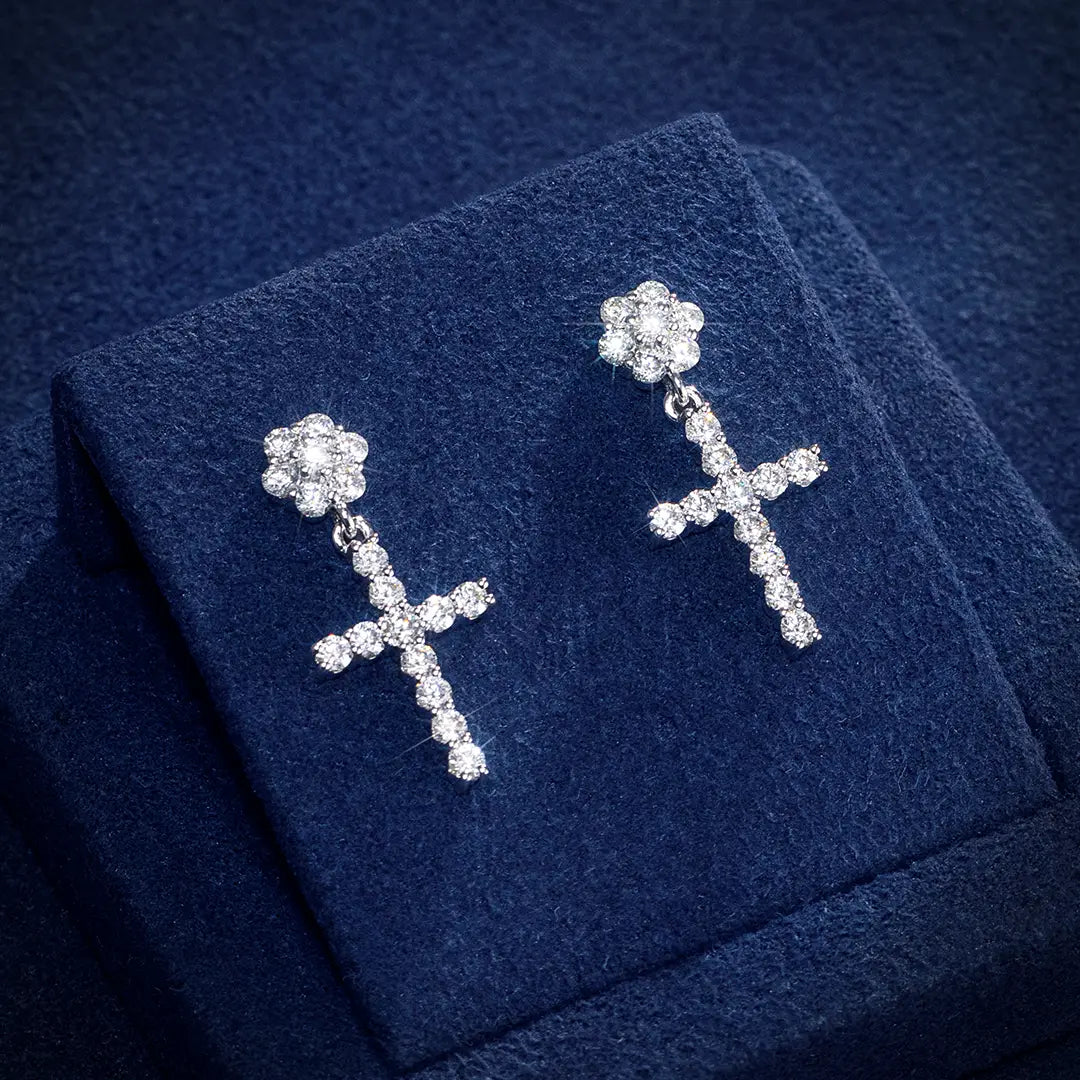 S925 SILVER MOISSANITE FLOWER CLUSTER STUD CROSS EARRING