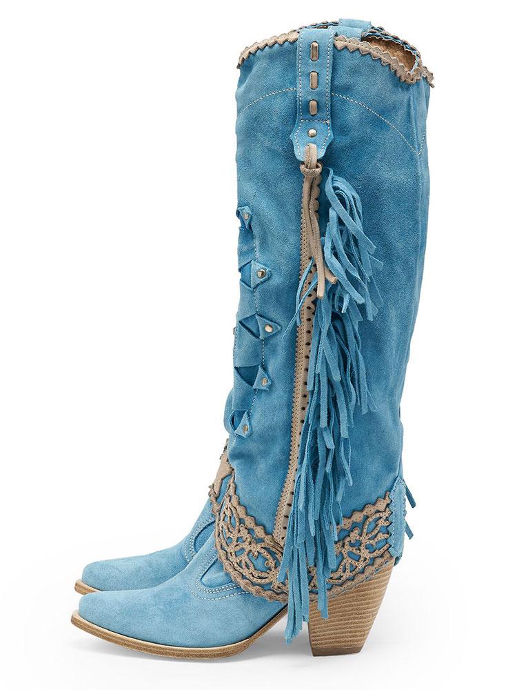 Faux Suede Cut-Out Fringe Lace Star Stitch Pointy Western Wide Mid Calf Boots - Blue, Green, Khaki & Black