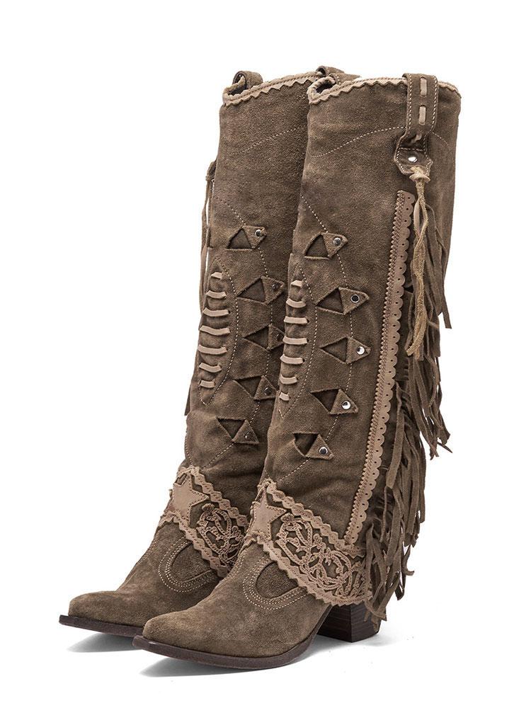 Faux Suede Cut-Out Fringe Lace Star Stitch Pointy Western Wide Mid Calf Boots - Blue, Green, Khaki & Black