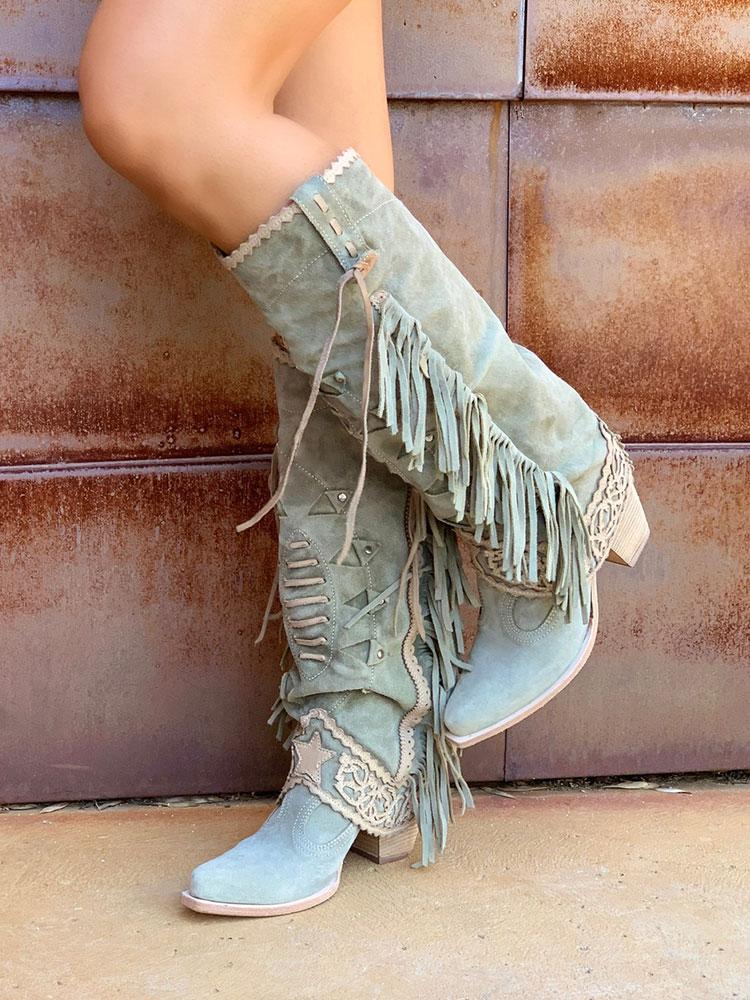 Faux Suede Cut-Out Fringe Lace Star Stitch Pointy Western Wide Mid Calf Boots - Blue, Green, Khaki & Black