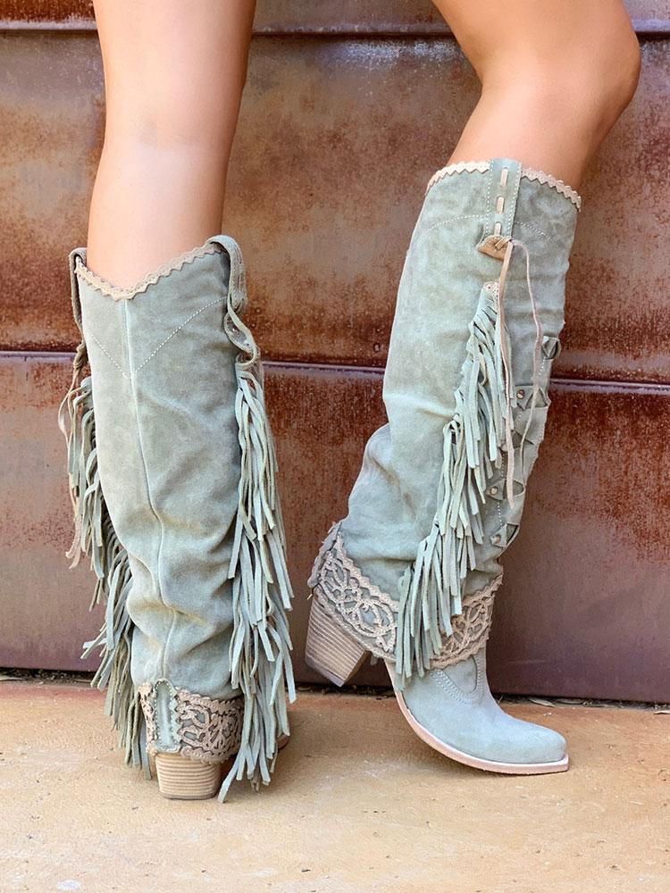 Faux Suede Cut-Out Fringe Lace Star Stitch Pointy Western Wide Mid Calf Boots - Blue, Green, Khaki & Black